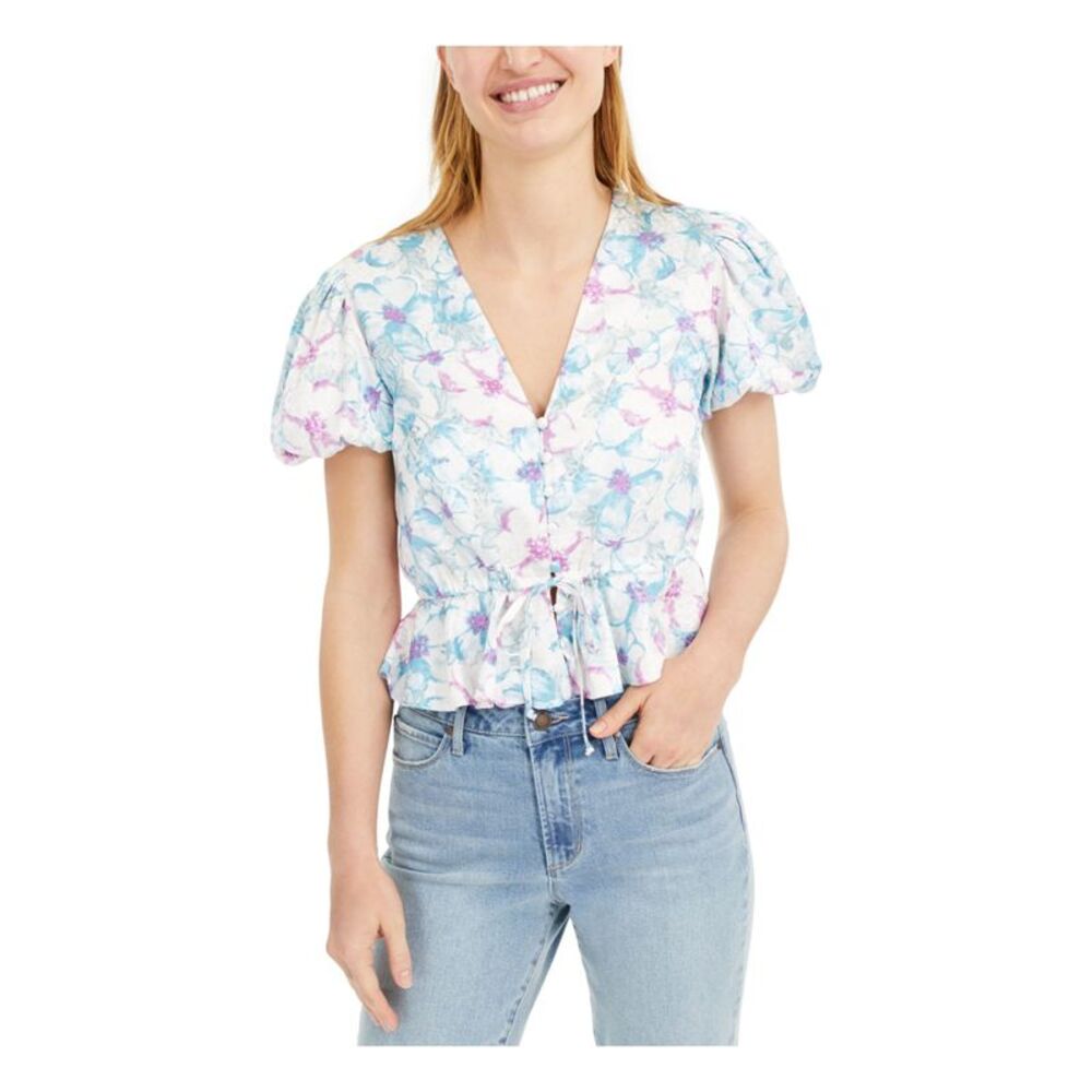 Rahi Womens Light Blue Floral Pouf V Neck Button Up Top XL